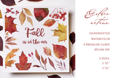 Fall leaves printable cards, autumn watercolor background