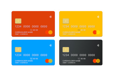 Realistic 3d Credit Debit Card Mockup Set. Vector