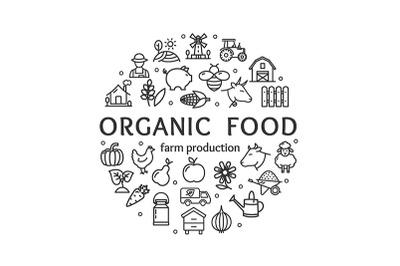 Organic Food Sign Round Design Template Black Thin Line Icon Banner. V