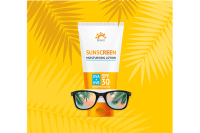 Sunscreen Concept Banner Card with Realistic 3d Detailed Sunglass. Vec