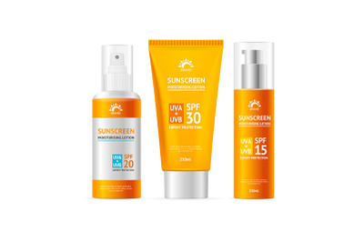 Realistic Detailed 3d Sunscreen Moisturizer Lotion Cream Spray Set. Ve