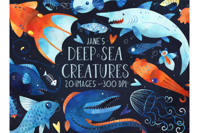 Watercolor Deep Sea Creatures Clipart