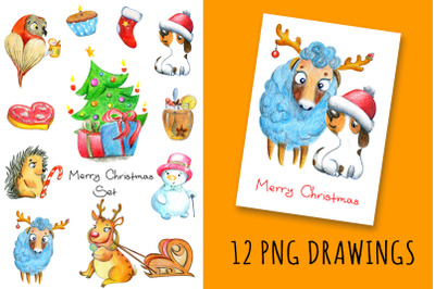 Christmas  clipart set of pencil illustrations. 12 bright PNG drawing