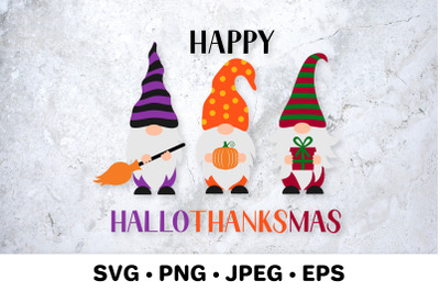 Happy HalloThanksMas SVG. Holiday Gnomes.