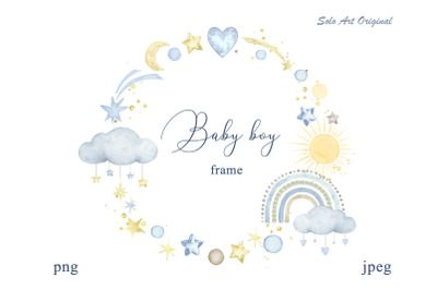 Baby boy shower Watercolor frame with blue rainbow,clouds