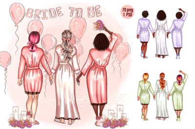 Clipart of bridesmaid wearing robes, bachelorette party.