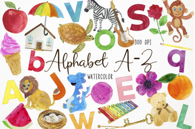 Watercolor Alphabet Clipart, Alphabet A-Z Clipart, Alphabet Letters