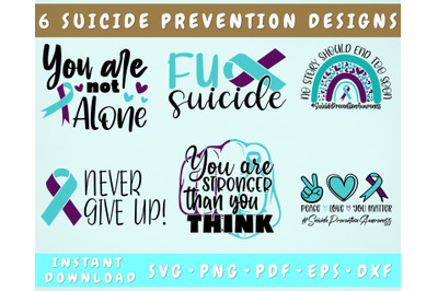 Suicide Prevention Awareness SVG Bundle, 6 Designs, Teal and Purple