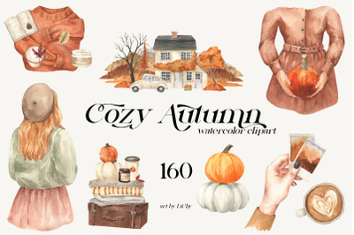 Watercolor Cozy Autumn Fall Clipart Halloween Thanksgiving Cottages