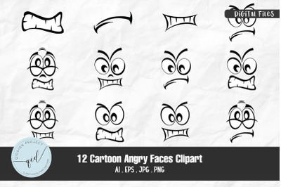 Cartoon Angry Faces Clipart, 12 Variations