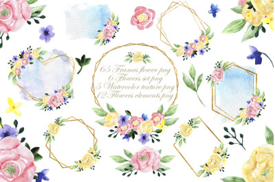 Wedding, Watercolor gold floral frame, Sublimation, Flowers