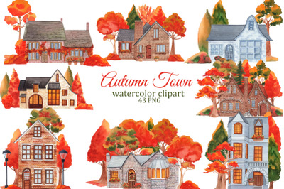Watercolor autumn houses clipart,  autumn town, fall village