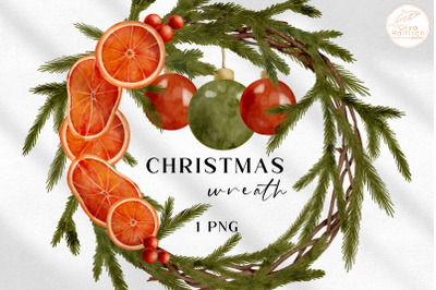 Watercolor Christmas Wreath PNG. Winter Greenery Clipart