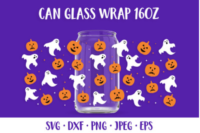 Halloween Can Glass Wrap SVG. Pumpkins and Ghosts Glass Can