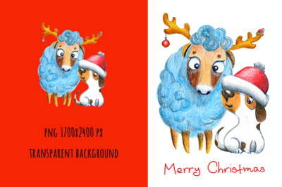 Merry Christmas illustration with funny characters Lamb &amp; Puppy