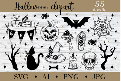 Cute Halloween doodle clipart, scary SVG bundle