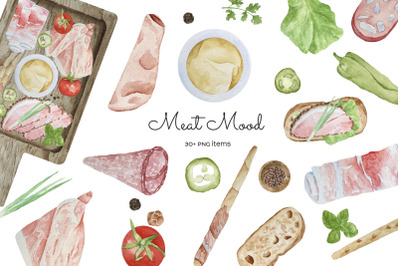 Watercolor Charcuteri Clipart. Sausage and Meat plate clipart