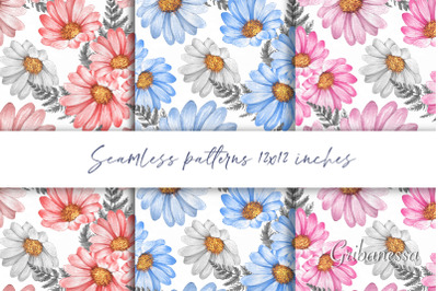 Watercolor floral patterns. Set of 3