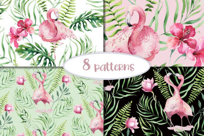 Watercolor flamingo patterns Digital tropical pattern. Tropic flamingo