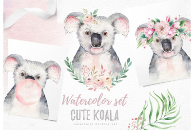 Watercolor digital baby kids nursery tropical koala animals clipart