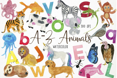 Watercolor Animal Alphabet Clipart, Animals A-Z Clipart, Zoo
