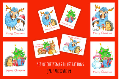 Set of Christmas illustrations with hand-drawn elements