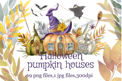 Halloween pumpkins ,Pumpkin houses,. Watercolor pumpkins.