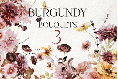 burgundy - autumn fall watercolor - 3 bouquets PNG
