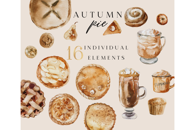 Autumn fall pie - watercolor clipart, PNG Pie, cocoa, cake