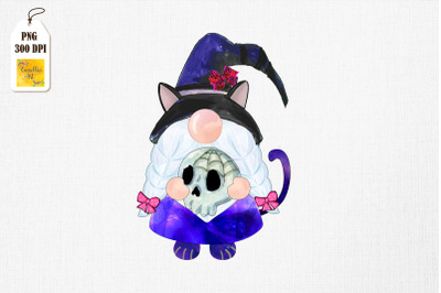 Cute Cat Gnome Holding Skull Halloween