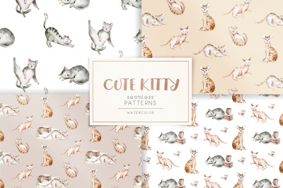 Cats watercolor seamless patterns. Kittens  wallpaper digital paper