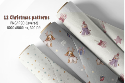 Watercolor Christmas baby rabbit Set Seamless Patterns Print