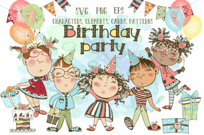 Birthday party. Cute kids. PNG SVG EPS