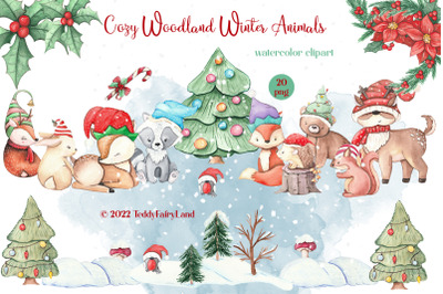 Cozy Woodland Winter Animals, Christmas Clipart