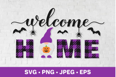 Welcome home sign SVG.  Gnome holding Halloween pumpkin