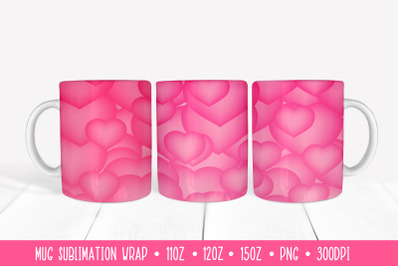 3d Hearts Mug Sublimation Design. Pink Mug Wrap