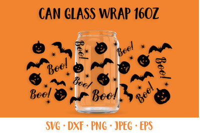 Halloween Pumpkin and Bats Can Glass Wrap SVG. Boo Glass Can