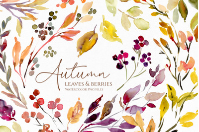Watercolor Autumn Leaves &amp; Berries