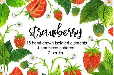 Strawberry watercolor clipart, summer berry set