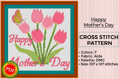 Happy Mothers Day Cross Stitch Pattern | Tulips