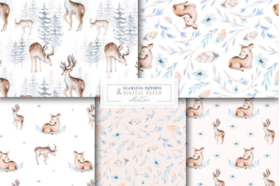 Watercolor reindeer, deer, forest, ferns seamless pattern scrapbooking