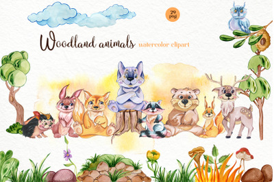 Woodland animals clipart. Forest cute baby animals clipart.