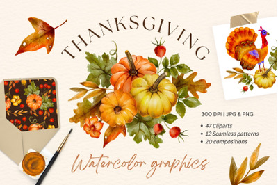 Thanksgiving Watercolor Clipart &amp; Patterns