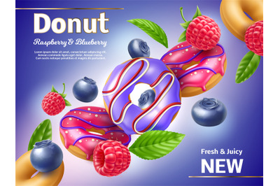 Realistic donuts poster. Sweet pastries with fruit, berry glaze, flyin