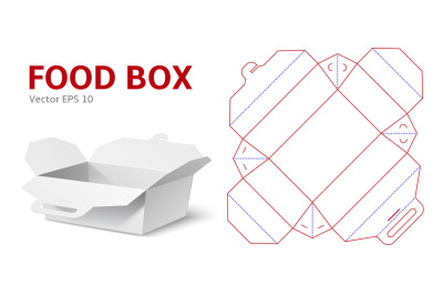 Chinese food box layout. Realistic low paper package&2C; white cardboard