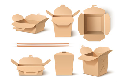 Brown wok box and chopsticks. Realistic takeaway noodles and rice cont