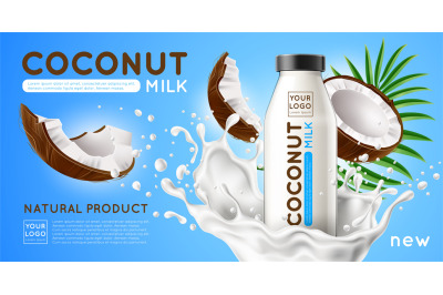 Coconut milk poster. Dairy product advertising banner template, blank