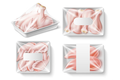 Tray packing chicken meat. Realistic raw turkey in plastic substrates