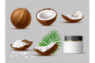 Realistic coconut. Blank butter packaging, cream jar. Whole, half and