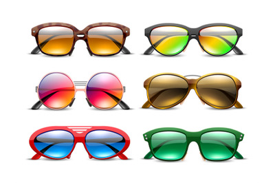 Realistic sunglasses. Tinted eyewear in colored plastic frames, bright